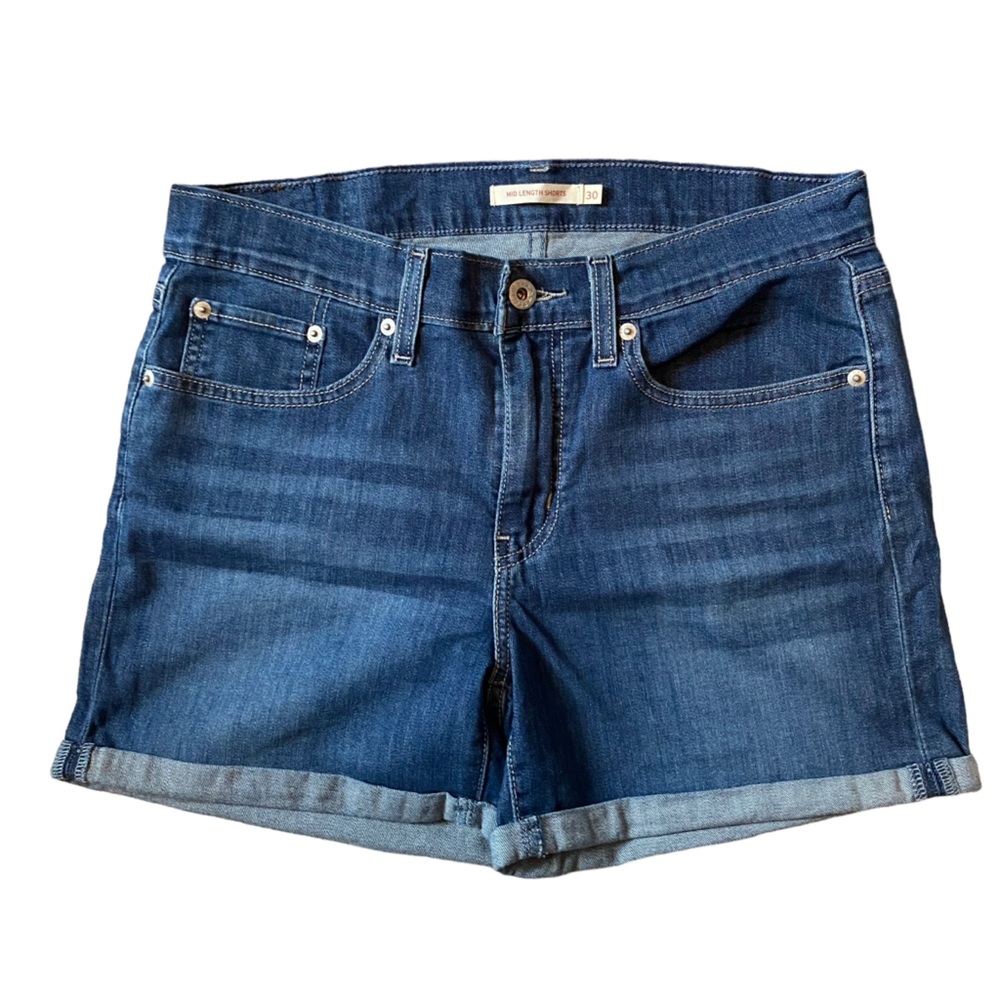 Levi's Mid Length Shorts lightweight medium blue denim rolled cuff sz 30 waist
